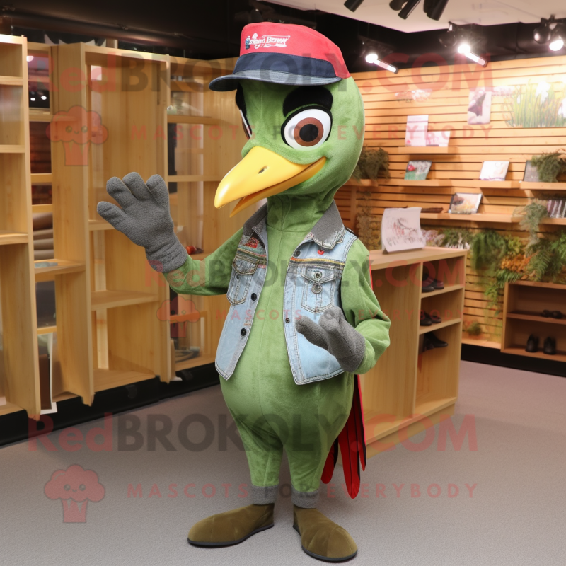 Forest Green Woodpecker mascot costume character dressed with a Denim Shirt and Gloves