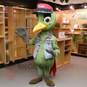 Forest Green Woodpecker mascot costume character dressed with a Denim Shirt and Gloves