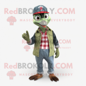 Forest Green Woodpecker mascot costume character dressed with a Denim Shirt and Gloves