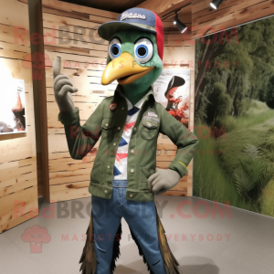 Forest Green Woodpecker mascot costume character dressed with a Denim Shirt and Gloves
