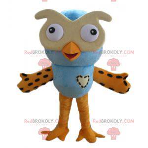 Grande mascotte gufo blu e arancione con gli occhiali -