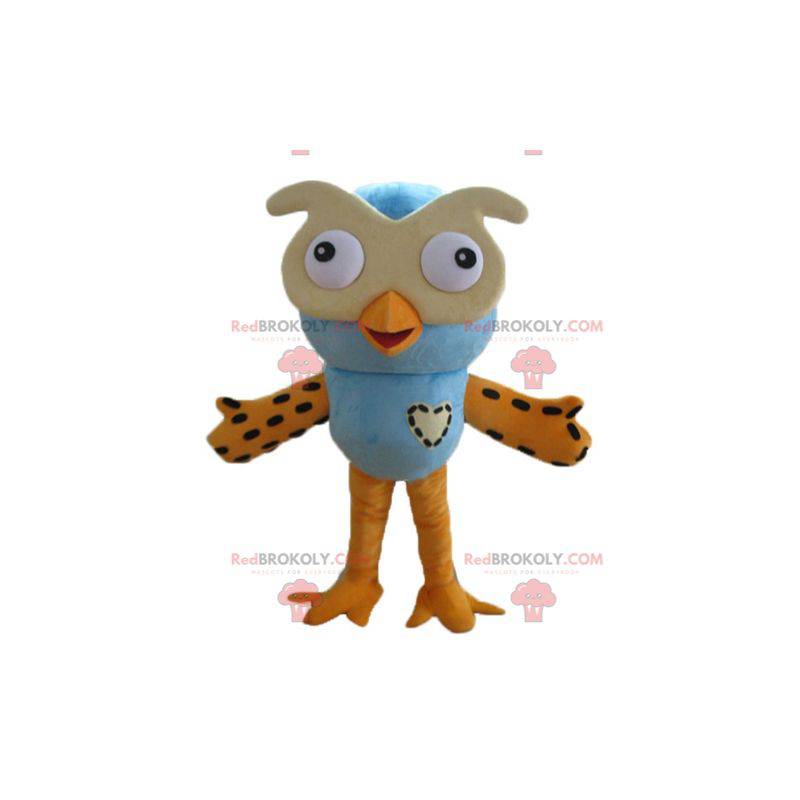 Mascote grande coruja azul e laranja com óculos - Redbrokoly.com