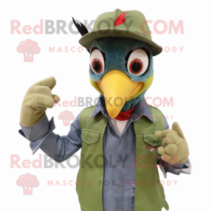 Forest Green Woodpecker mascot costume character dressed with a Denim Shirt and Gloves
