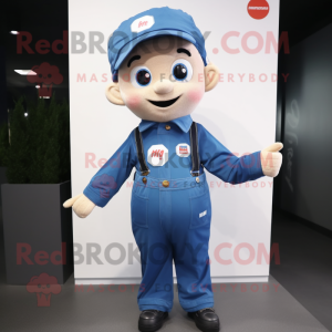 nan Television mascot costume character dressed with a Overalls and Lapel pins