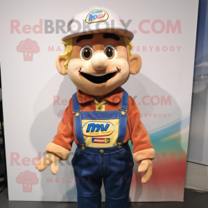 nan Television mascot costume character dressed with a Overalls and Lapel pins