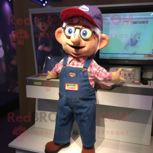 nan Television mascot costume character dressed with a Overalls and Lapel pins