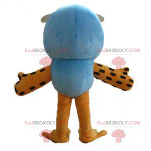 Mascote grande coruja azul e laranja com óculos - Redbrokoly.com