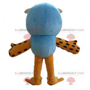 Großes blaues und orange Eulenmaskottchen mit Brille -