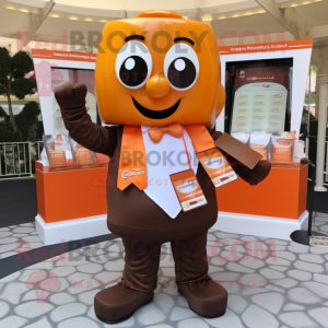 Orange Chocolate Bar mascot costume character dressed with a Dress Shirt and Keychains