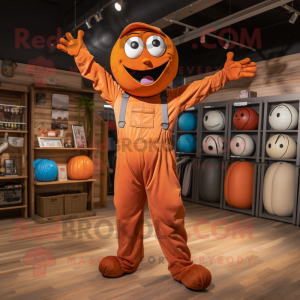 Rust Juggle mascot costume character dressed with a Jumpsuit and Suspenders