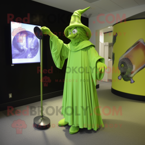 Lime Green Magician mascot costume character dressed with a Wrap Dress and Ties