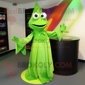 Lime Green Magician mascot costume character dressed with a Wrap Dress and Ties