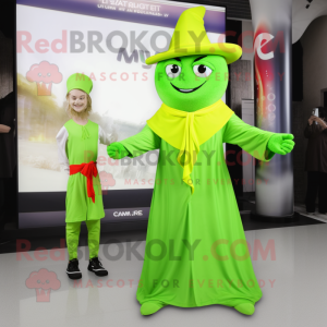 Lime Green Magician mascot costume character dressed with a Wrap Dress and Ties