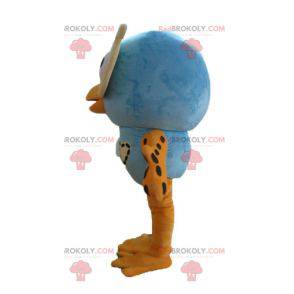 Grande mascotte gufo blu e arancione con gli occhiali -