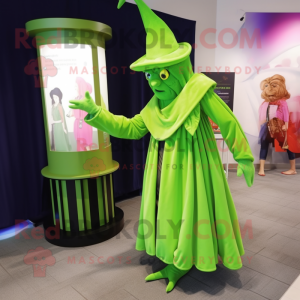 Lime Green Magician mascot costume character dressed with a Wrap Dress and Ties