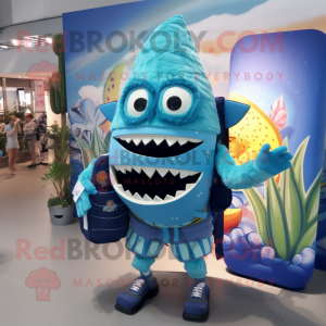 Blue Nachos mascot costume character dressed with a Bikini and Backpacks
