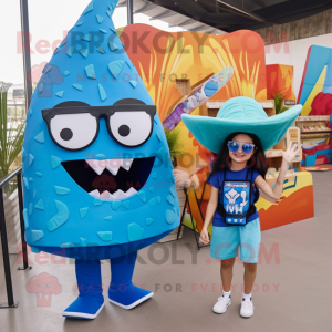 Blue Nachos mascot costume character dressed with a Bikini and Backpacks