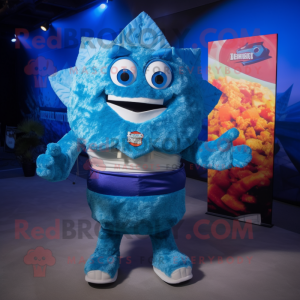 Blue Nachos mascot costume character dressed with a Bikini and Backpacks