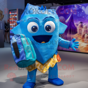 Blue Nachos mascot costume character dressed with a Bikini and Backpacks