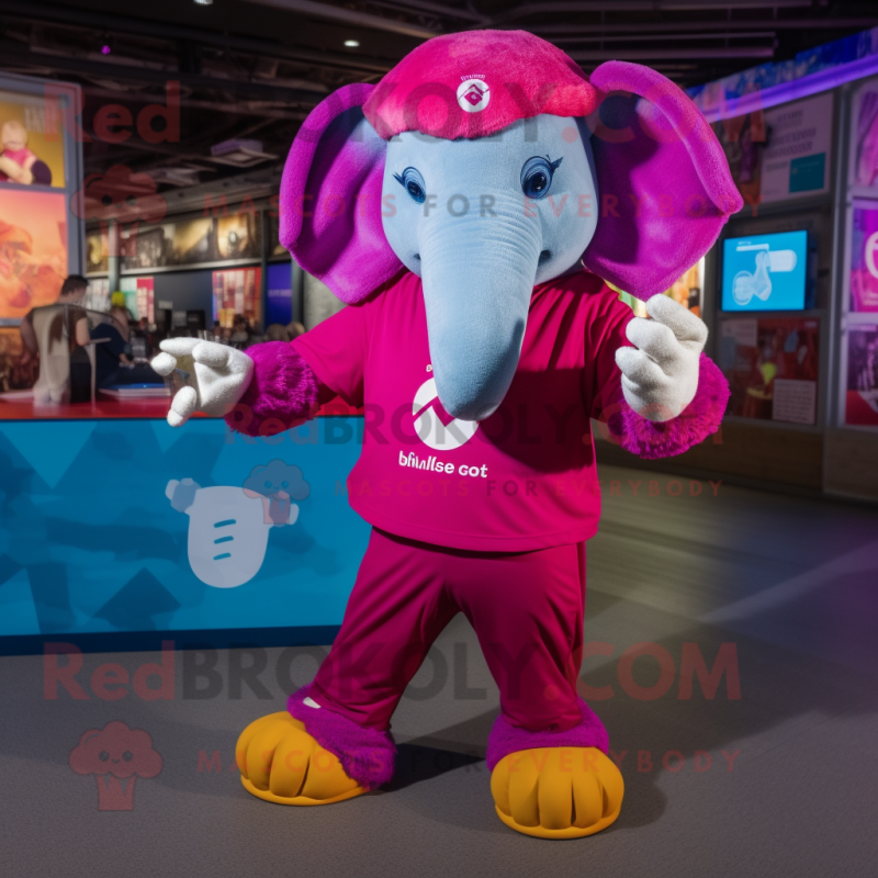 Magenta Elephant mascot costume character dressed with a Henley Tee and Smartwatches Magenta Elephant mascot costume character dressed with a Henley Tee and Smartwatches