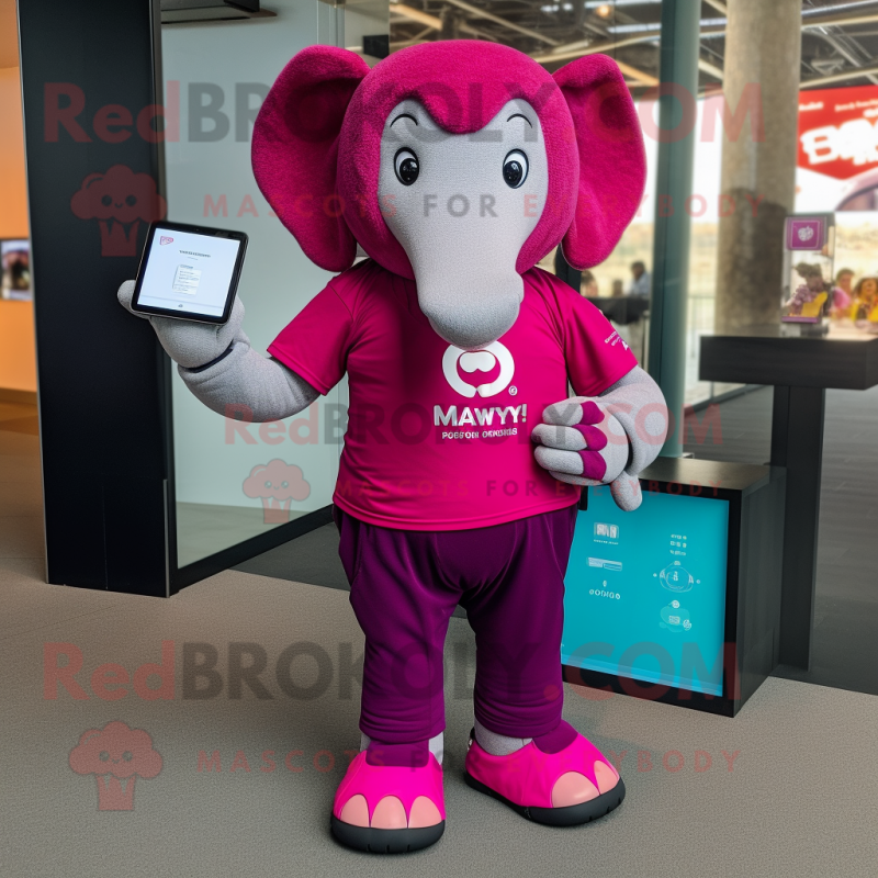 Magenta Elephant mascot costume character dressed with a Henley Tee and Smartwatches