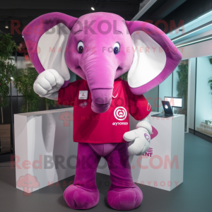 Magenta Elephant mascot costume character dressed with a Henley Tee and Smartwatches