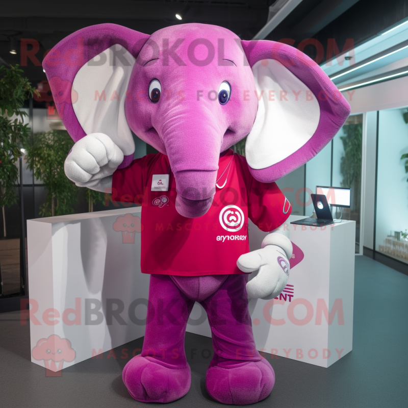 Magenta Elephant mascot costume character dressed with a Henley Tee and Smartwatches