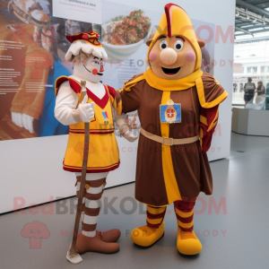 Brown Swiss Guard mascot costume character dressed with a Mini Dress and Pocket squares