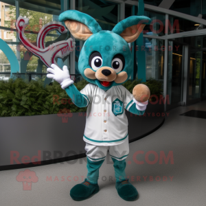 Teal Reindeer mascot costume character dressed with a Baseball Tee and Wraps