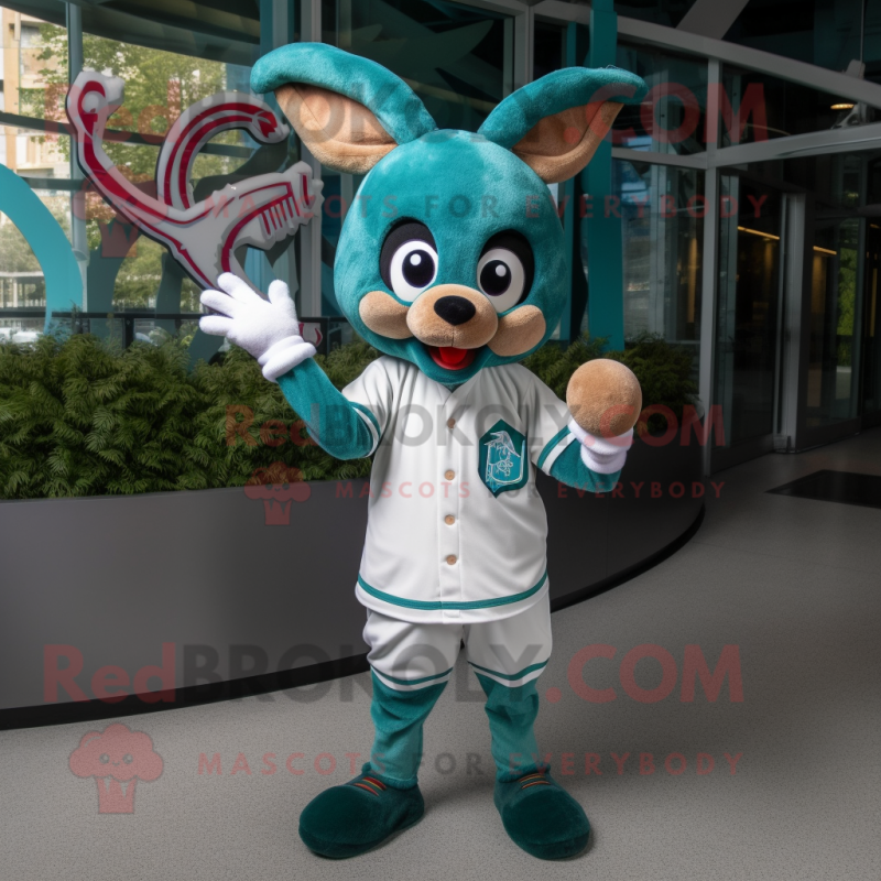 Teal Reindeer mascot costume character dressed with a Baseball Tee and Wraps Teal Reindeer mascot costume character dressed with a Baseball Tee and Wraps