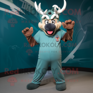 Teal Reindeer mascot costume character dressed with a Baseball Tee and Wraps