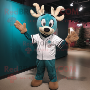 Teal Reindeer mascot costume character dressed with a Baseball Tee and Wraps