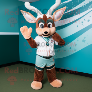 Teal Reindeer mascot costume character dressed with a Baseball Tee and Wraps