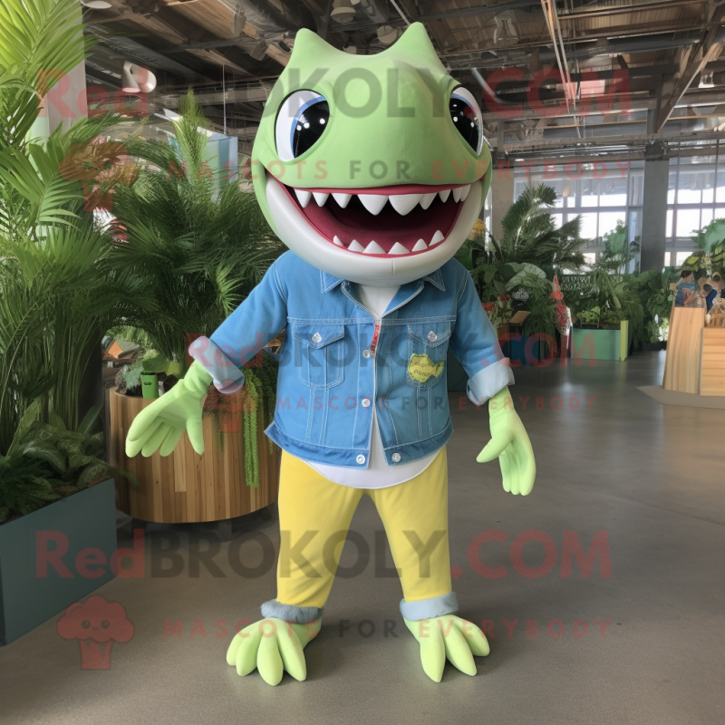 Lime Green Shark mascot costume character dressed with a Chambray Shirt and Earrings Lime Green Shark mascot costume character dressed with a Chambray Shirt and Earrings