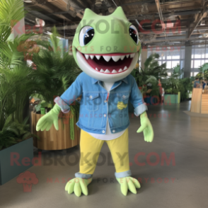 Lime Green Shark mascot costume character dressed with a Chambray Shirt and Earrings