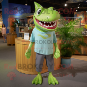 Lime Green Shark mascot costume character dressed with a Chambray Shirt and Earrings