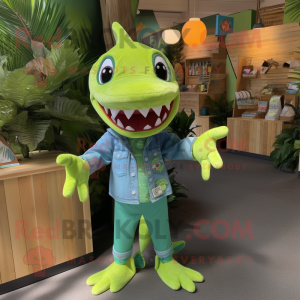 Lime Green Shark mascot costume character dressed with a Chambray Shirt and Earrings