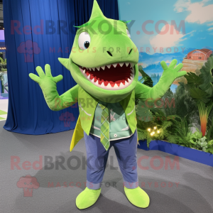 Lime Green Shark mascot costume character dressed with a Chambray Shirt and Earrings