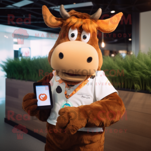 Brown Guernsey Cow mascot costume character dressed with a V-Neck Tee and Smartwatches