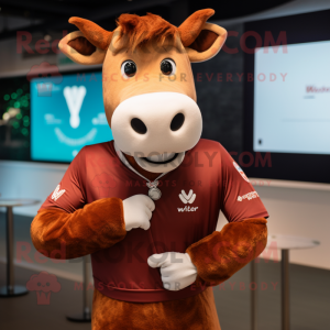 Brown Guernsey Cow mascot costume character dressed with a V-Neck Tee and Smartwatches