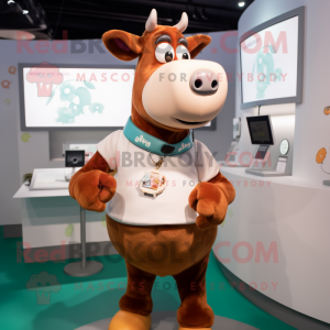 Brown Guernsey Cow mascot costume character dressed with a V-Neck Tee and Smartwatches