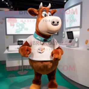 Brown Guernsey Cow mascot costume character dressed with a V-Neck Tee and Smartwatches