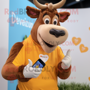 Brown Guernsey Cow mascot costume character dressed with a V-Neck Tee and Smartwatches