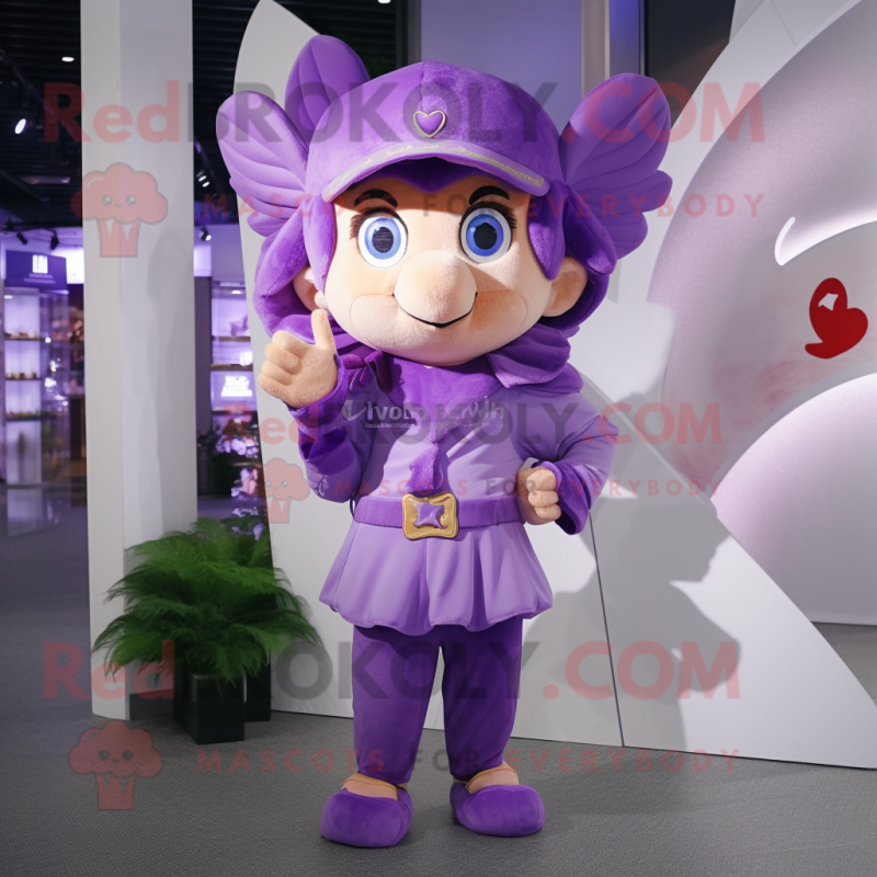 Purple Cupid mascot costume character dressed with a Waistcoat and Berets
