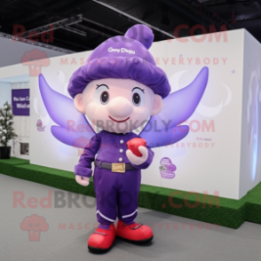 Purple Cupid mascot costume character dressed with a Waistcoat and Berets