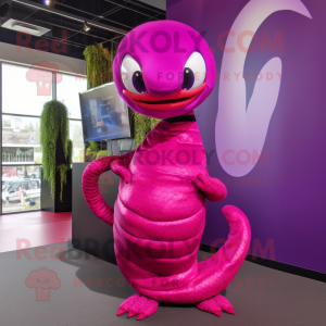 Magenta Snake mascot costume character dressed with a Mini Dress and Beanies