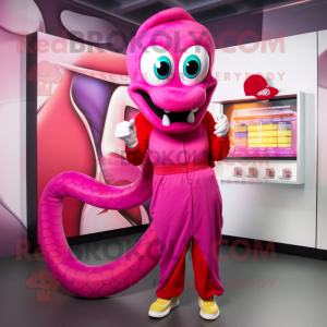 Magenta Snake mascot costume character dressed with a Mini Dress and Beanies