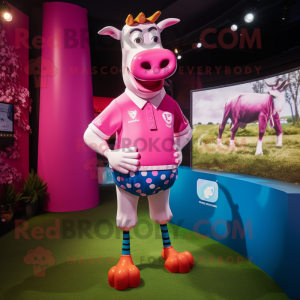 Pink Jersey Cow mascot costume character dressed with a Polo Shirt and Anklets