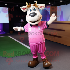 Pink Jersey Cow mascot costume character dressed with a Polo Shirt and Anklets