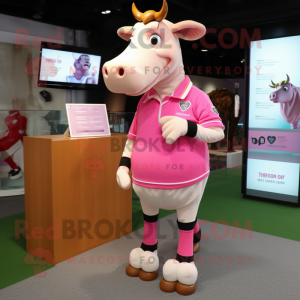 Pink Jersey Cow mascot costume character dressed with a Polo Shirt and Anklets